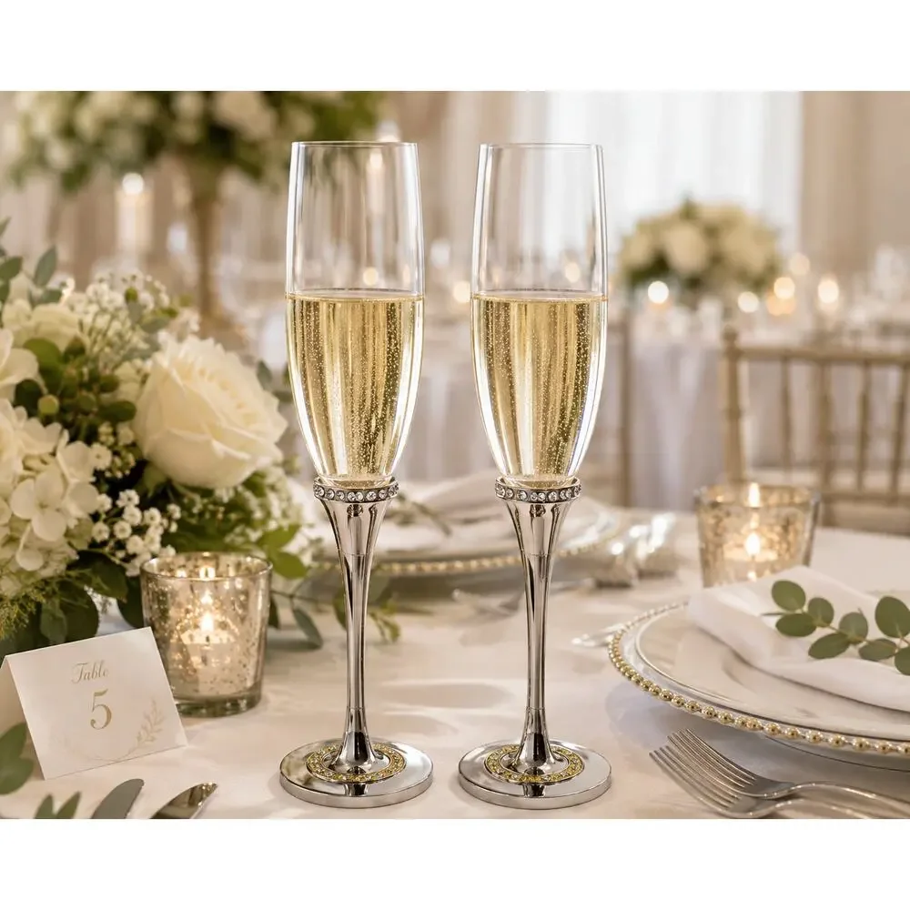 Studio His & Hers Toasting Glasses Pair Rhinestone Wedding Flutes 2010 Boxed